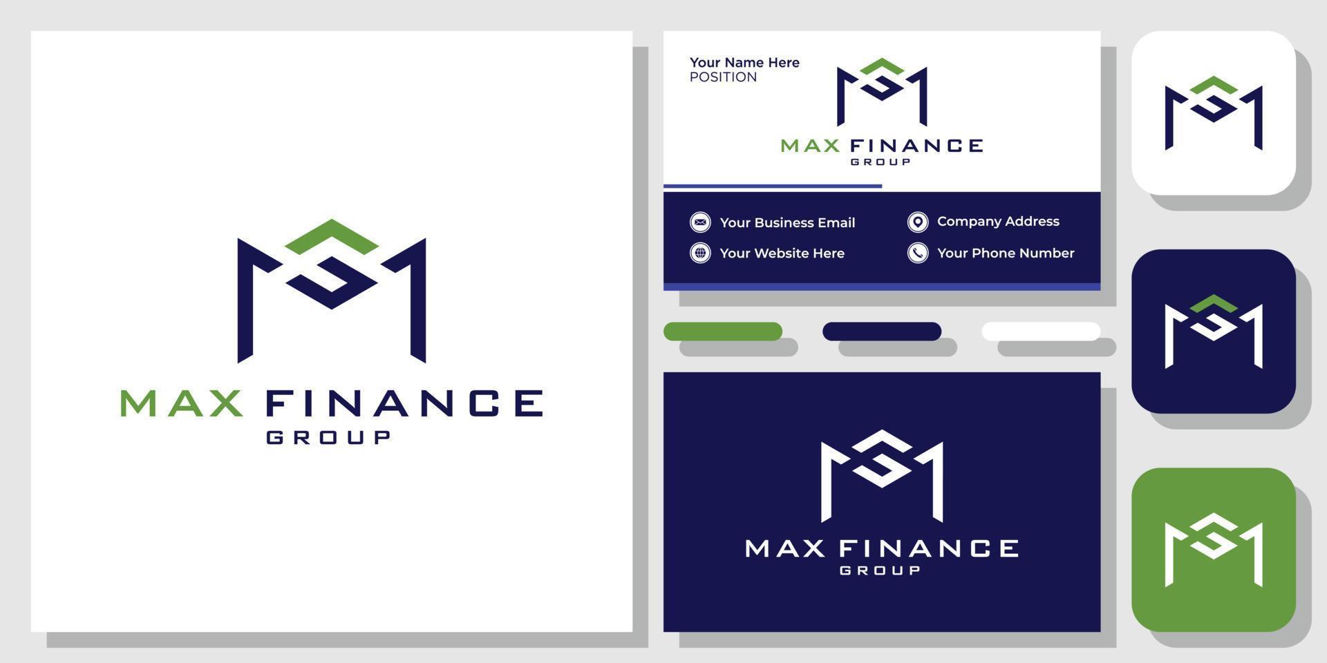 Max Finance Group iniciales letras crecimiento verde gráfico positivo con plantilla de tarjeta de visita vector