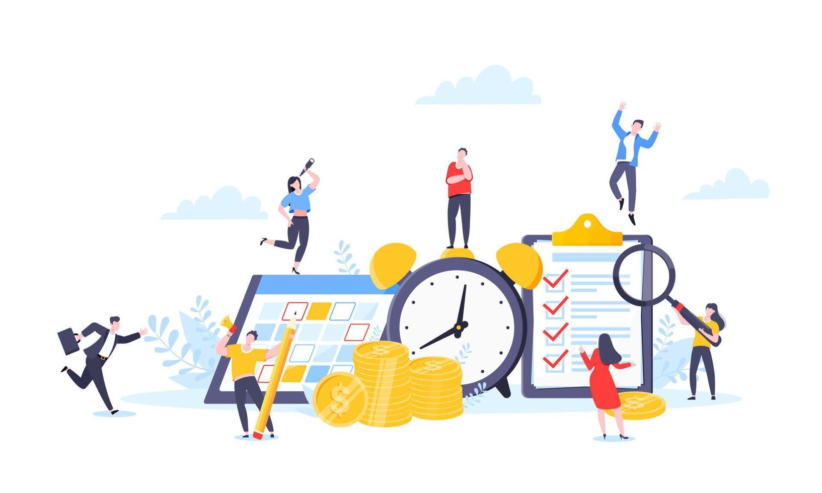 Time is money or saving money business concept. Tiny people working with clock, calendar schedule and checklist symbol. vector