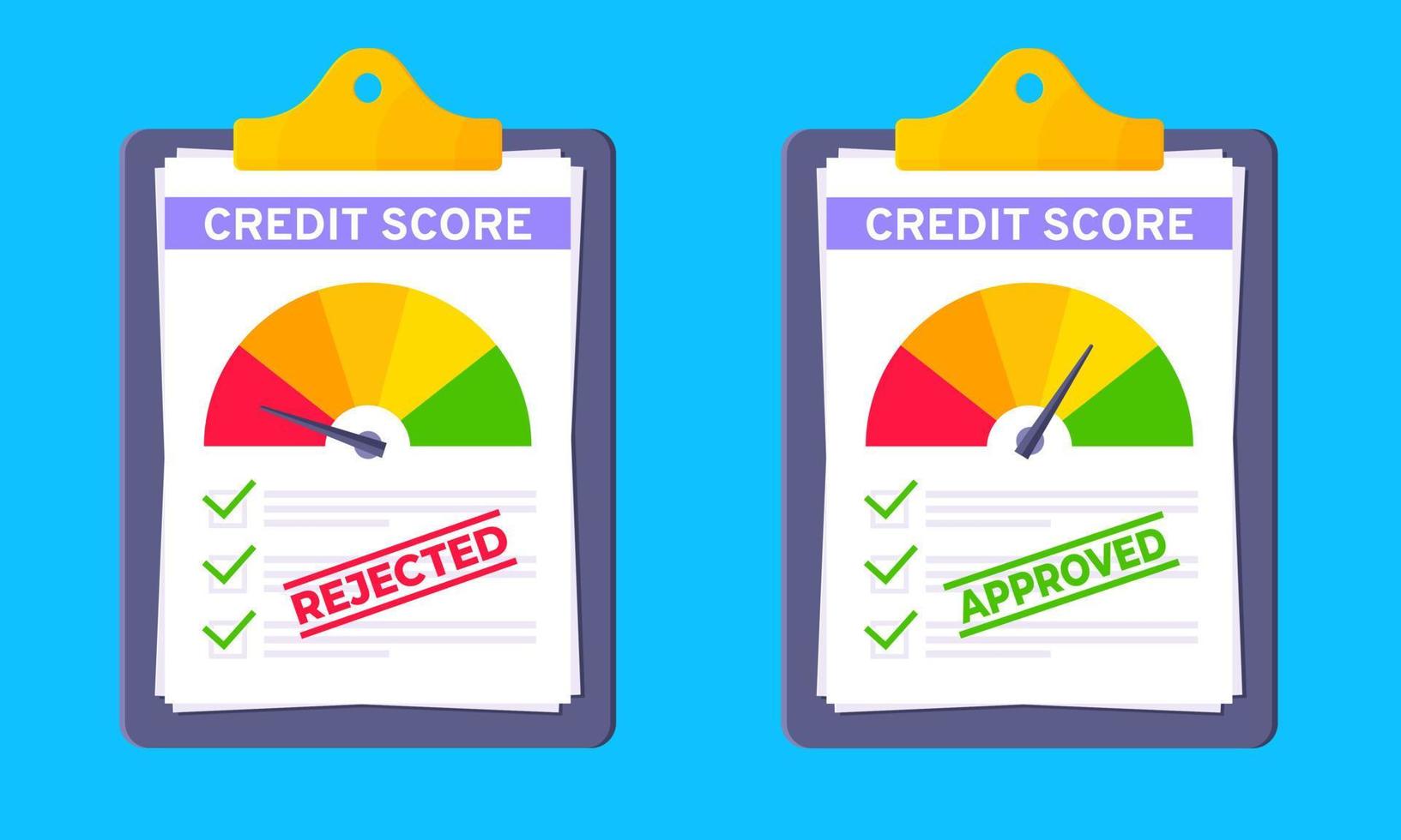 Rejected and approved credit score gauge speedometer indicator color levels on clipboard set. Measurement from poor to excellent rating for credit or mortgage loans flat style vector illustration.