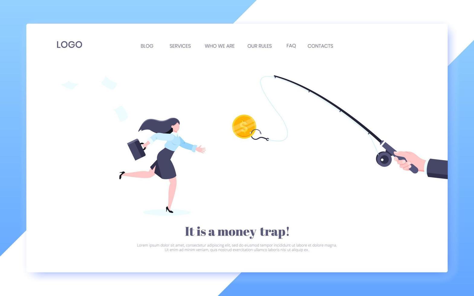 Fishing money chase business concept with businesswoman running after dangling dollar and trying to catch it. vector