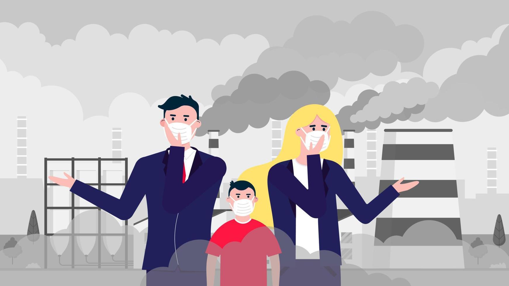 hombre, mujer, niño confundido máscaras contra el smog. polvo fino, contaminación del aire, ilustración de vector de diseño de estilo plano de concepto de protección de smog industrial. Tuberías de plantas industriales con enormes nubes de humo detrás