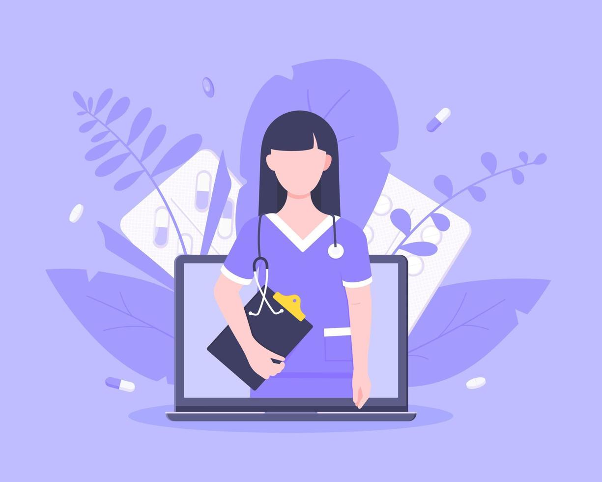 Online doctor medical service concept with doctor in the laptop vector illustration.