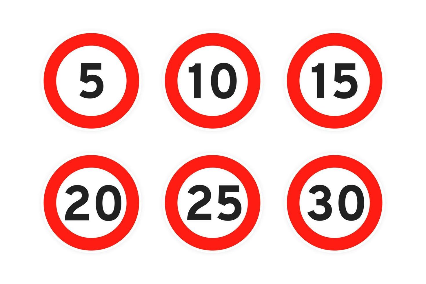 Speed limit 5,10,15,20,25,30 round road traffic icon sign flat style design vector illustration set.