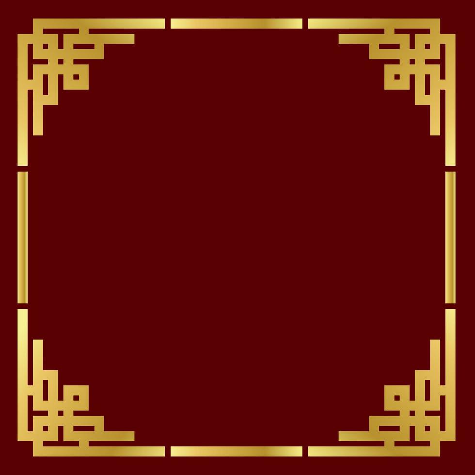 Traditional gold porcelain frame on red background. Vector flat illustration of chinese retro border, golden yellow antique decorative corner