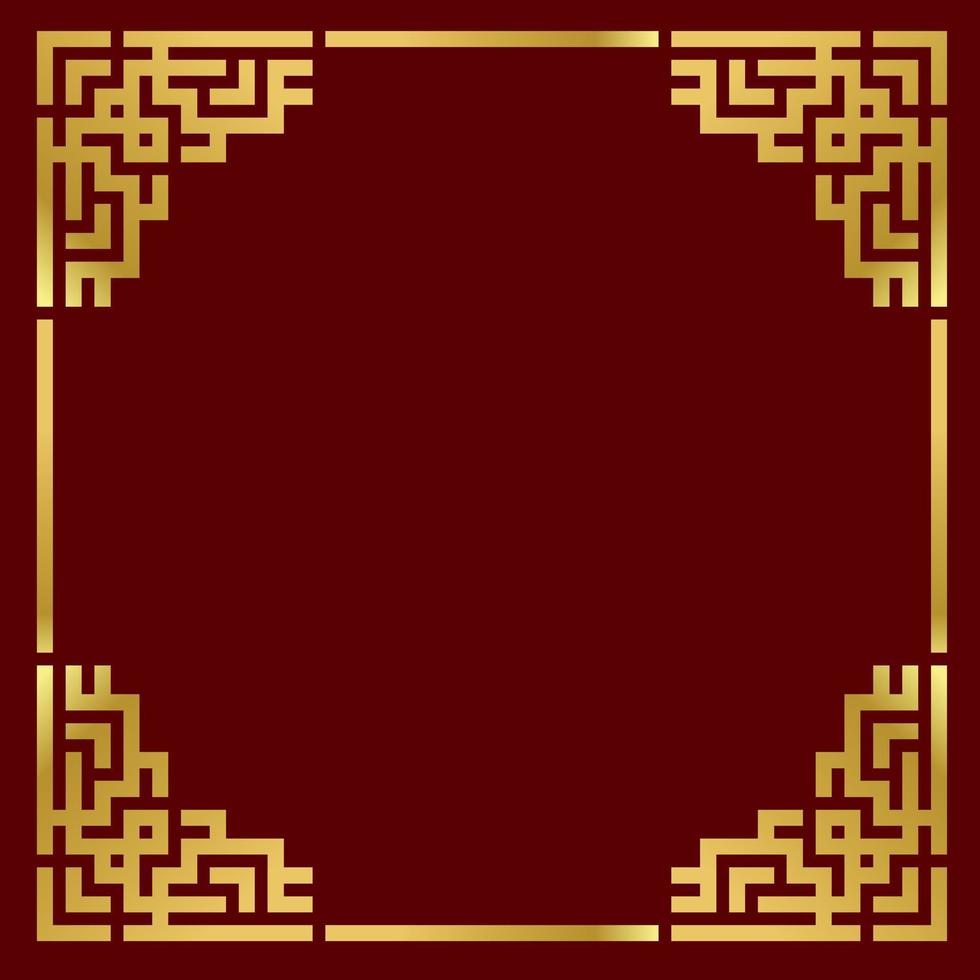 Traditional gold porcelain frame on red background. Vector flat illustration of chinese retro border, golden yellow antique decorative corner