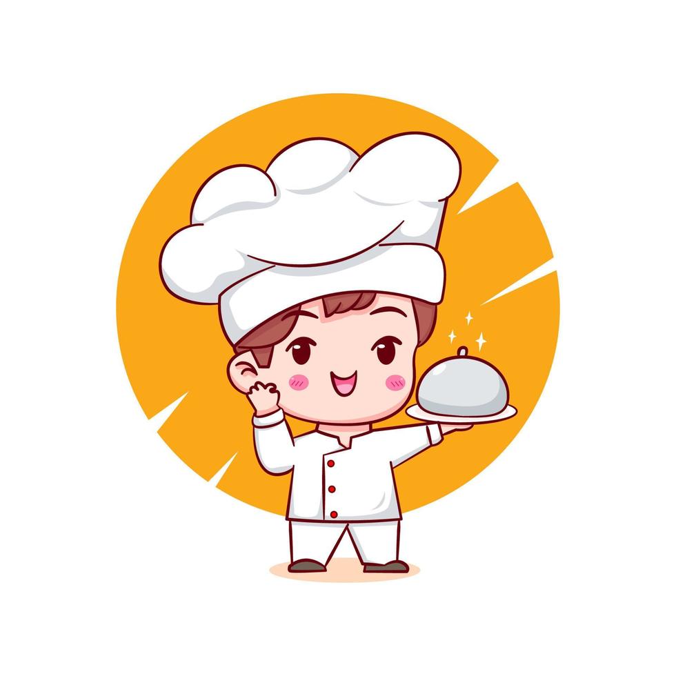 Cute cartoon logo character of chef. Hand drawn chibi character isolated background. vector