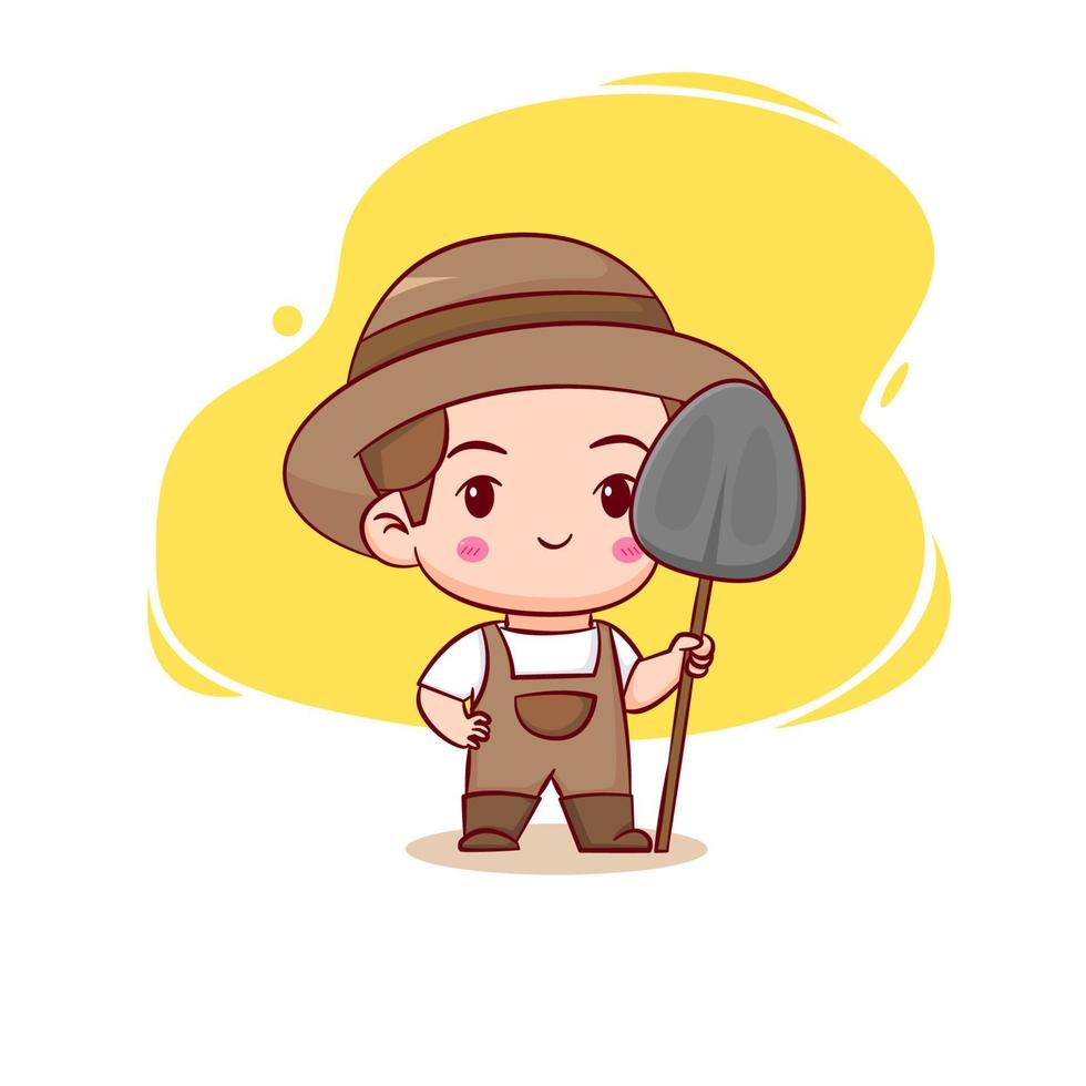 Cute farmer holding shovel. Chibi cartoon character. Vector art illustration