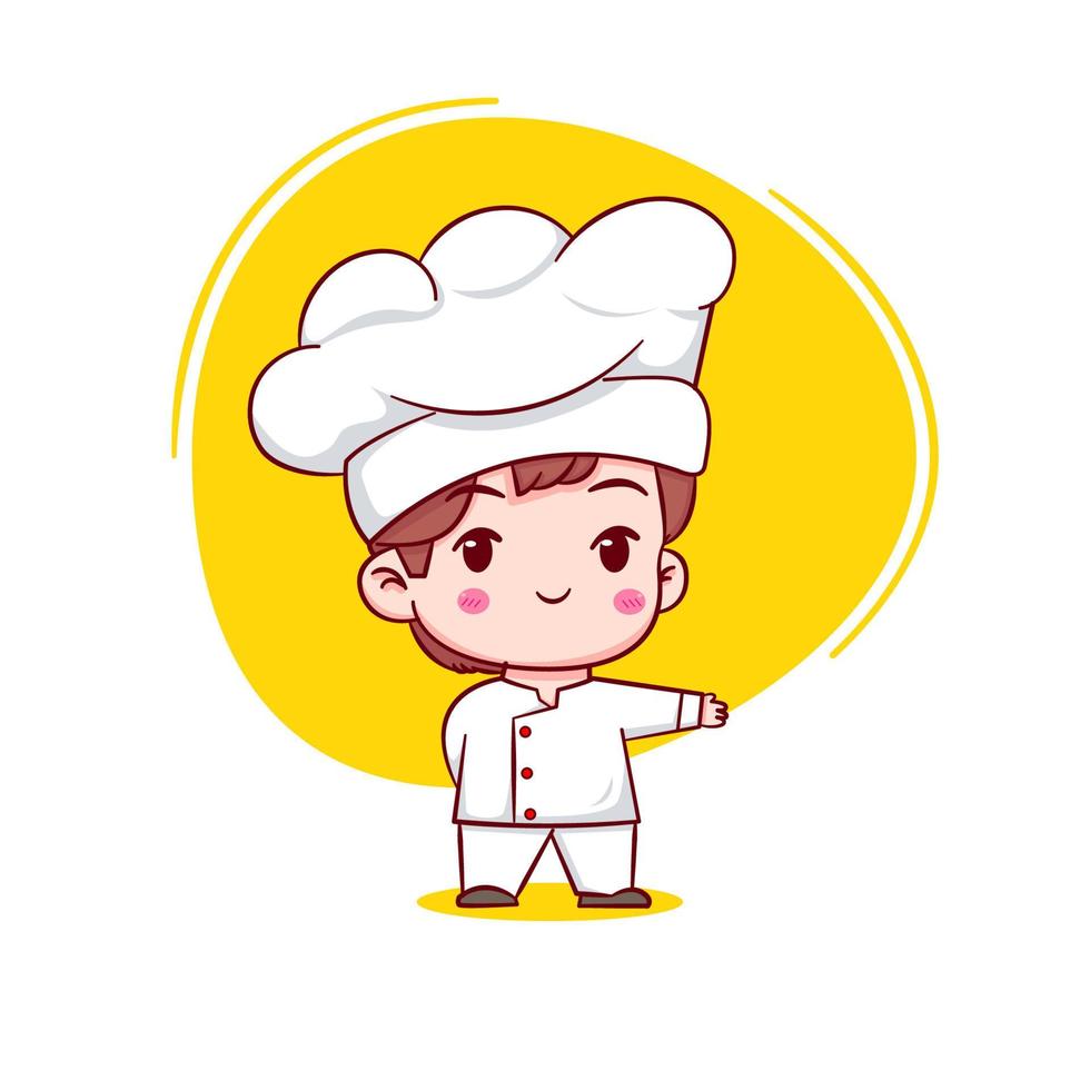 lindo personaje de logo de dibujos animados del chef. fondo aislado de personaje chibi dibujado a mano. vector