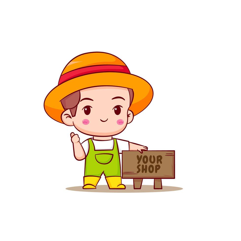 Cute farmer with store board. Chibi cartoon character. Vector art illustration