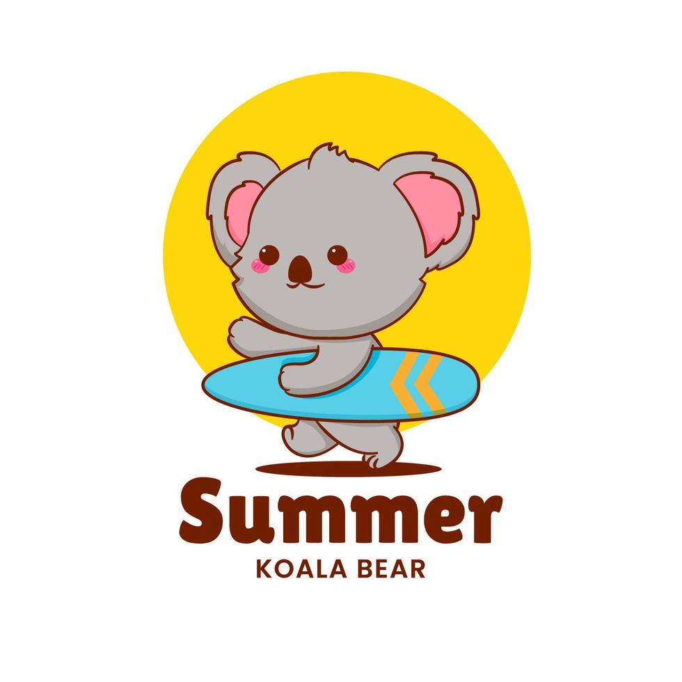 lindo oso koala con tabla de surf. ilustración de mascota de dibujos animados vector