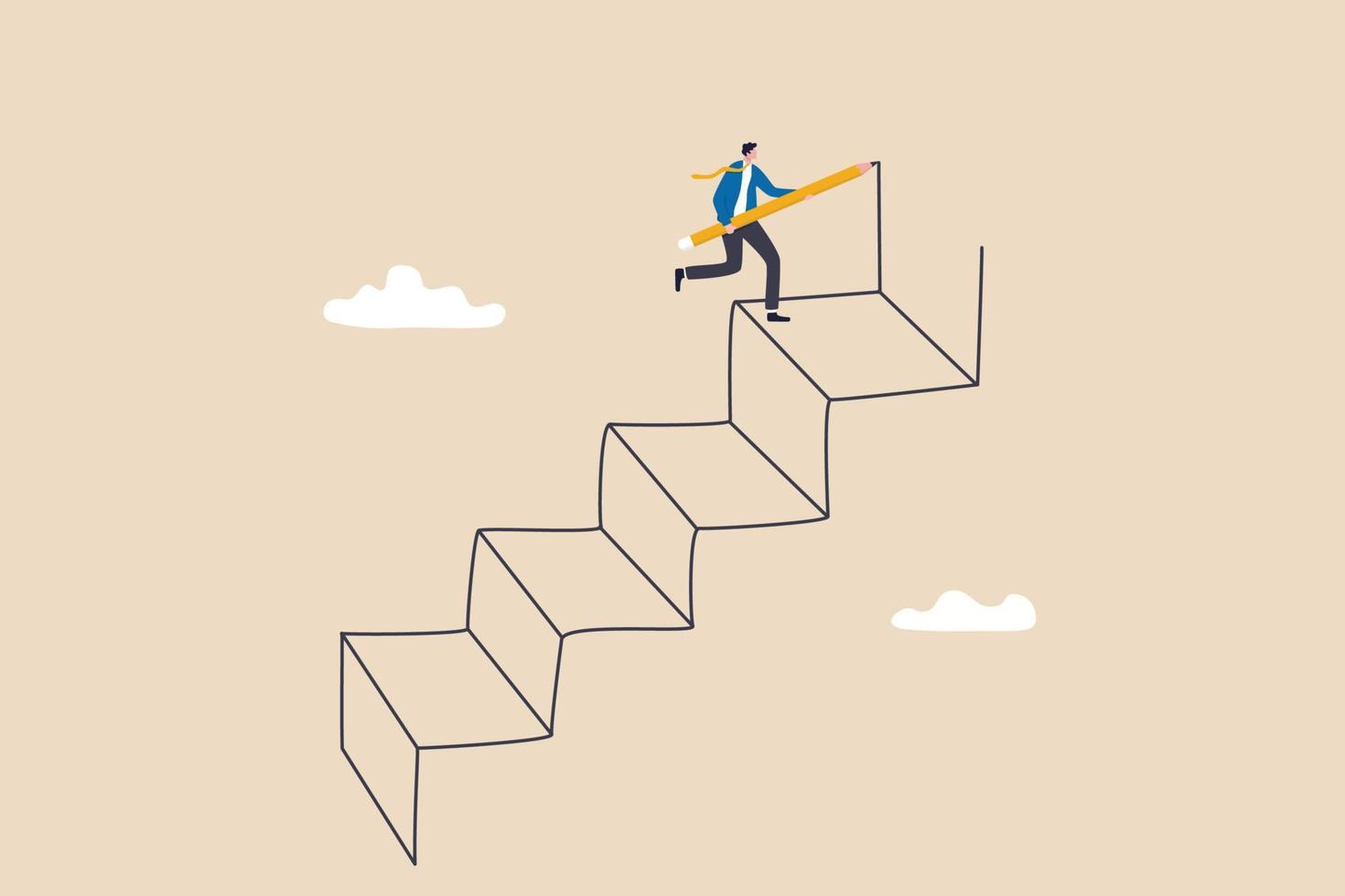 Ambition to progress and achieve goal, growing business or improvement, motivation to develop path or stair to success concept, smart businessman using pencil to draw big stair to climb up to success. vector