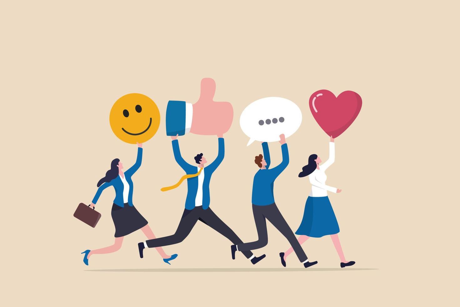 Social media team, community management or online advertising, manage social network or communication concept, business people social media team holding thumb up, love, speech bubble and smile sign. vector