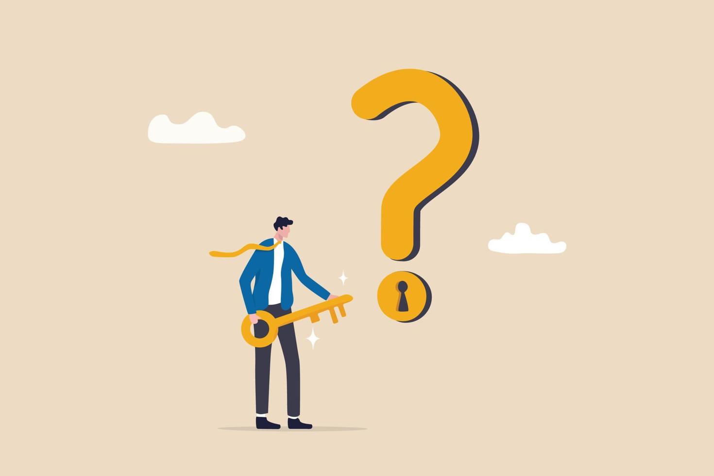 Key to unlock answer for problem and questions, solution or reason to solve problem, wisdom or understanding concept, smart businessman holding golden key to unlock keyhole on question mark sign. vector