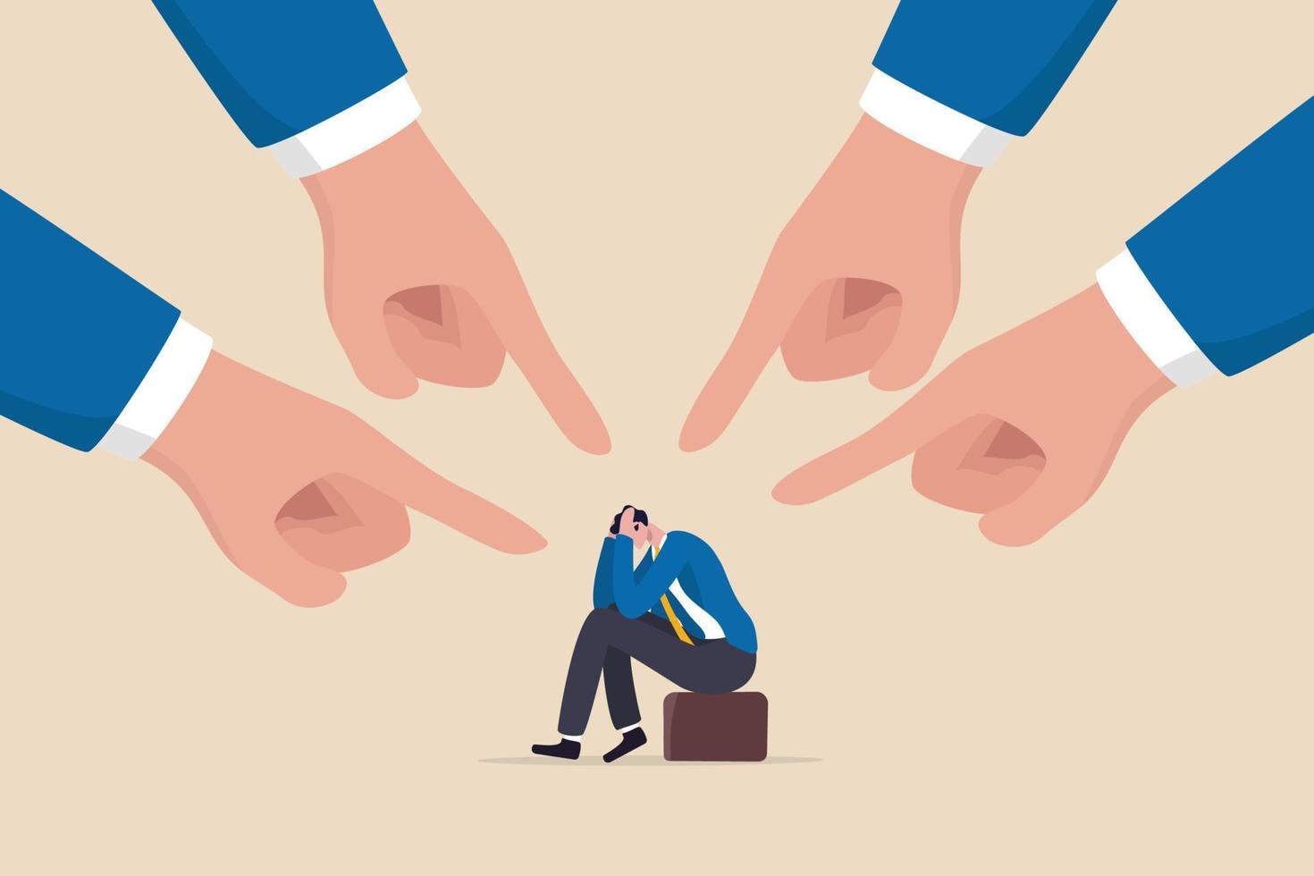 Toxic work, abuse or bullying colleagues, bad culture make exhausted depressed employee, fear of failure and responsibility, giant boss hands pointing and blaming at depressed businessman employee. vector