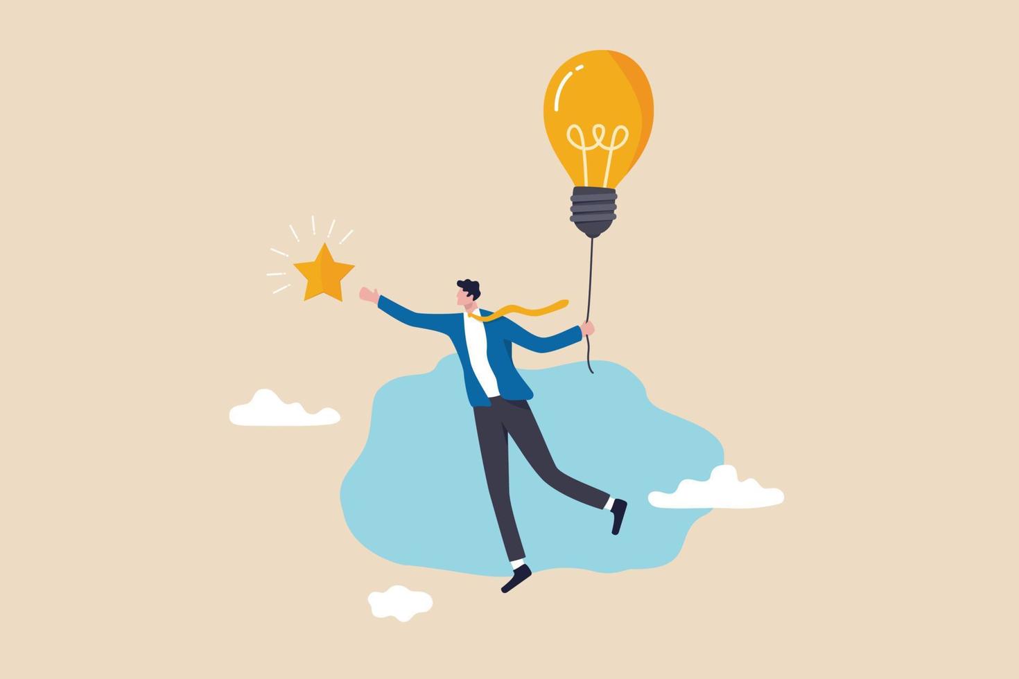 Creativity or innovation to help reach business goal, lightbulb idea to success, leadership to get solution to achieve goal, smart businessman flying with lightbulb idea to catch star in the sky. vector