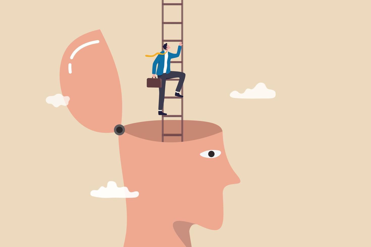 Personal development or improvement for success, growth mindset, motivation to be success, courage to find new opportunity concept, confidence businessman climb up ladder of success from his head. vector