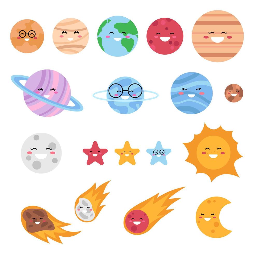 Cute solar system objects isolated on a white background. Kawaii planets, asteroids, comet, stars, sun and moon. Vector illustration for children.