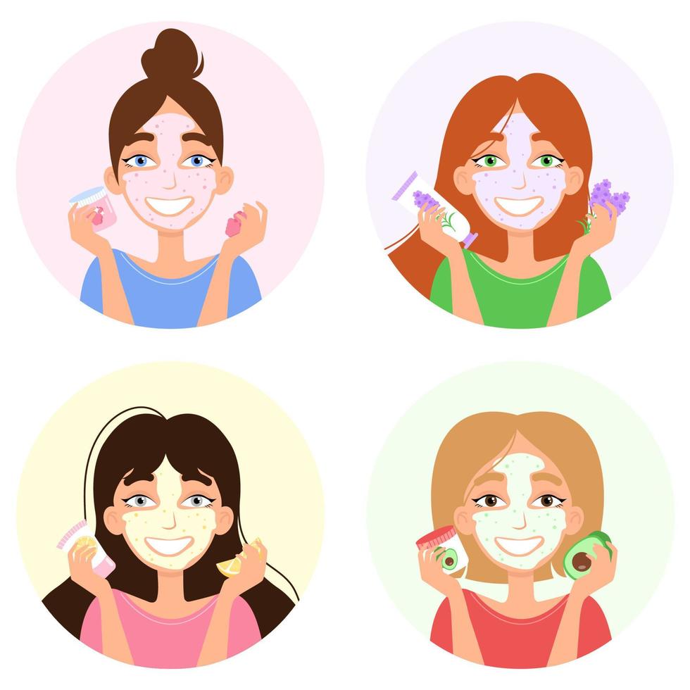 lindas chicas con diferentes máscaras cosméticas faciales. máscara de burbujas con frambuesas, lavanda, limón y aguacate. conjunto de ilustraciones vectoriales aisladas sobre fondo blanco. vector