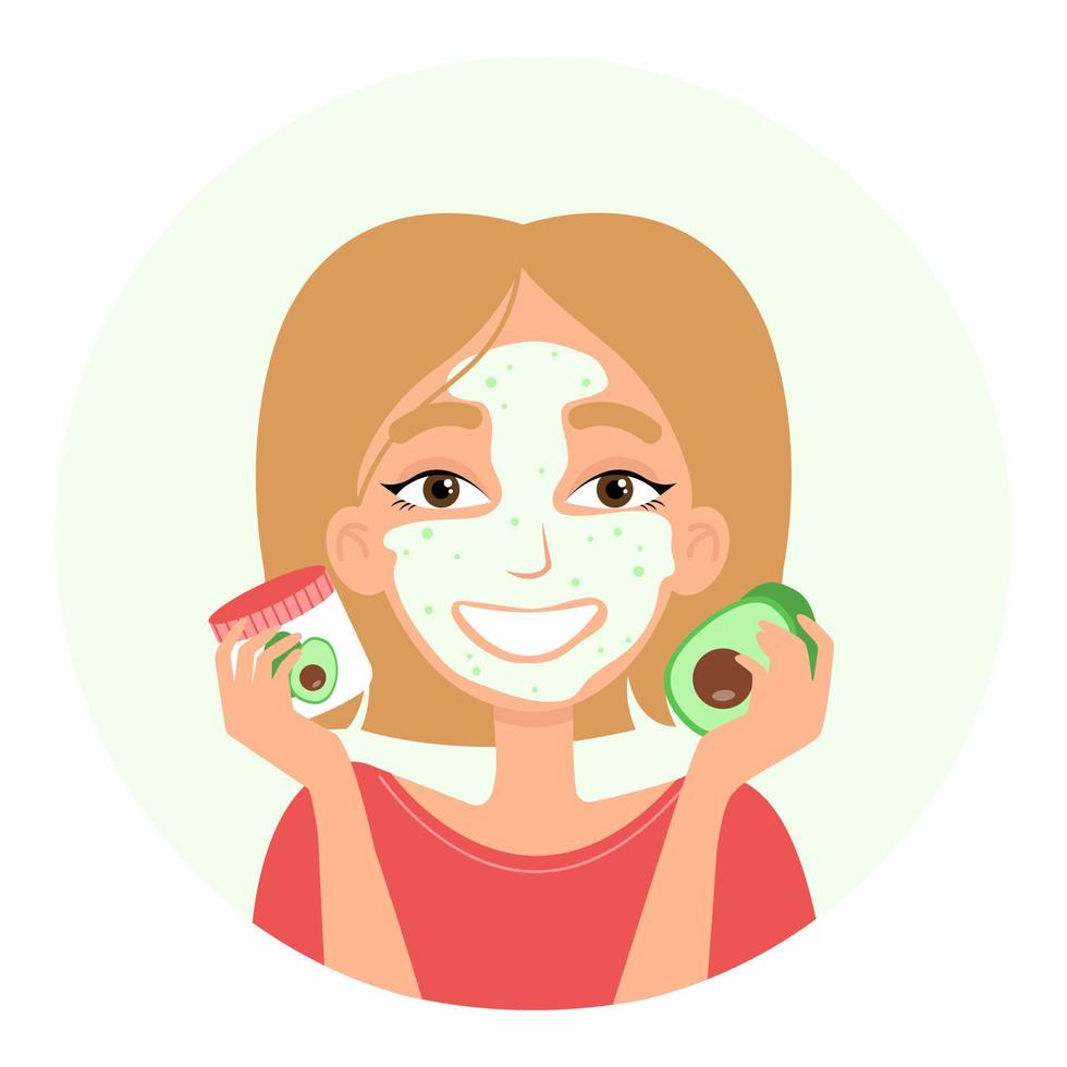 linda chica con máscara cosmética facial. máscara de burbujas con aguacate. ilustración vectorial aislado sobre fondo blanco. vector