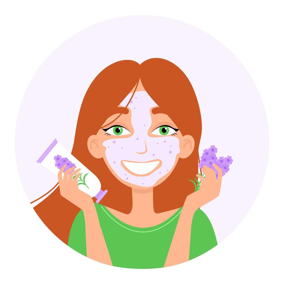 linda chica con máscara cosmética facial. máscara de burbujas con lavanda. ilustración vectorial aislado sobre fondo blanco. vector