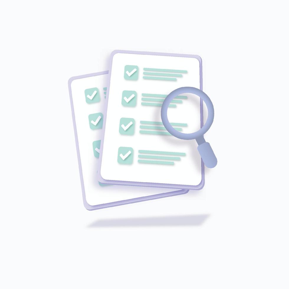 Successfully complete business assignments concept with checklist on clipboard 3D. Magnifying glass minimal design. Vector illustration