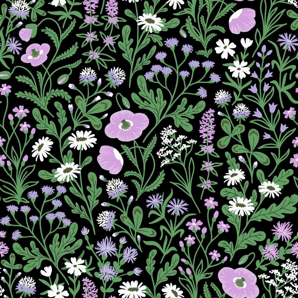 BLACK VECTOR SEAMLESS BACKGROUND WITH A VARIETY OF WILDFLOWERS