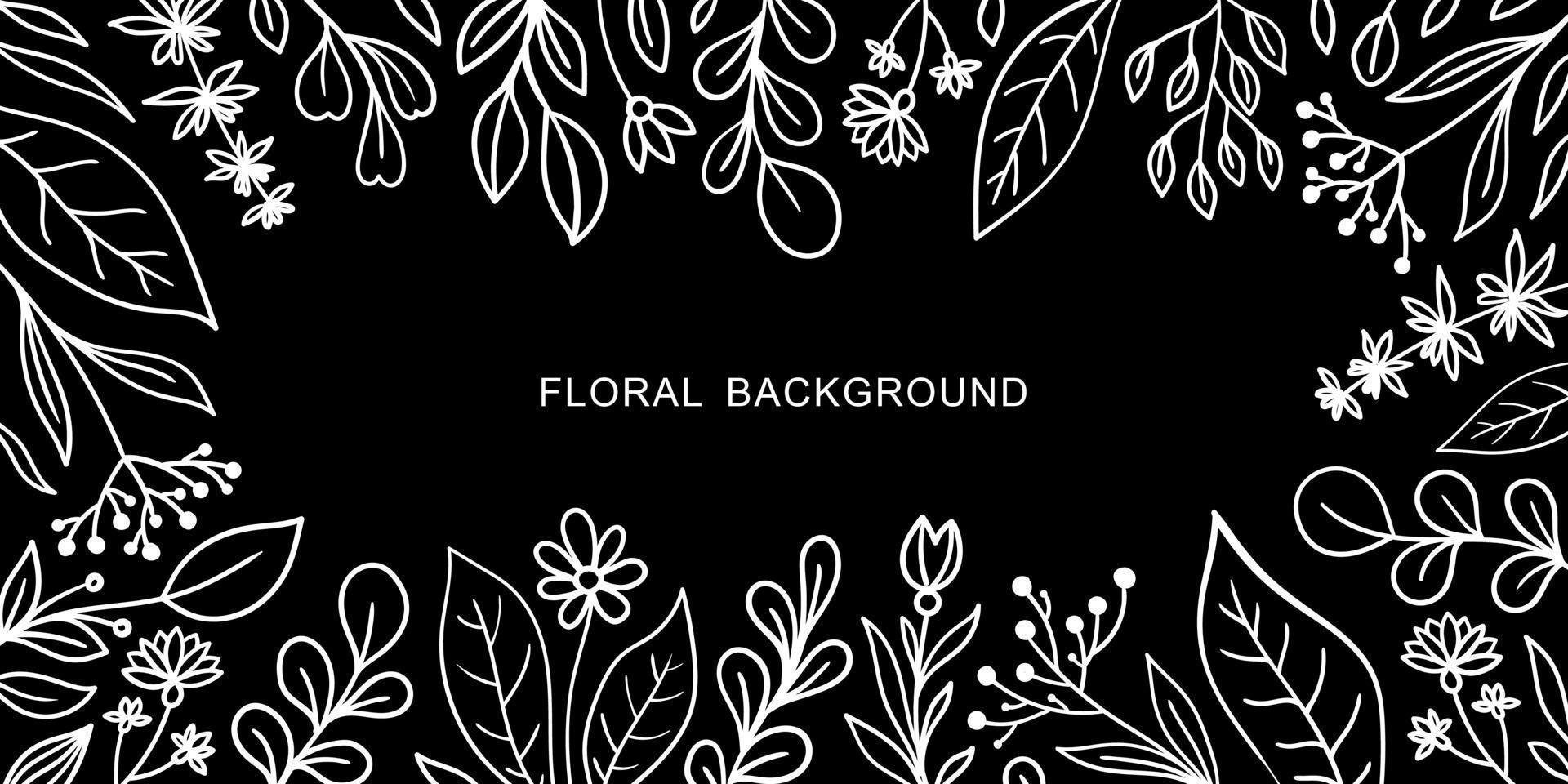 BLACK VECTOR BACKGROUND WITH WHITE DOODLE FLOWERS AND TWIGS ON THE EDGES