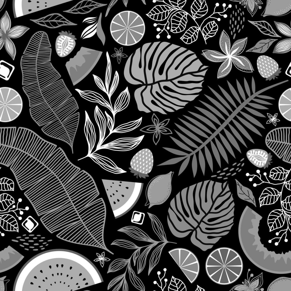 BLACK AND WHITE SEAMLESS VECTOR PATTERN WITH TROPICAL LEAVES AND FRUITS