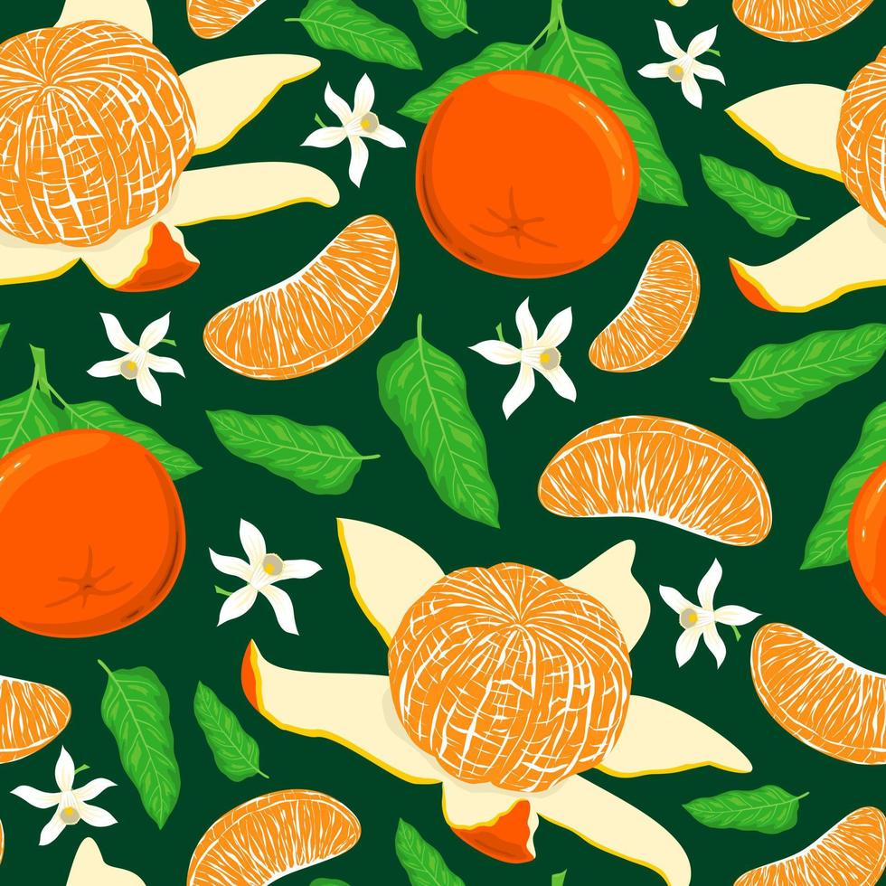 GREEN SEAMLESS VECTOR BACKGROUND WITH BRIGHT RIPE TANGERINES