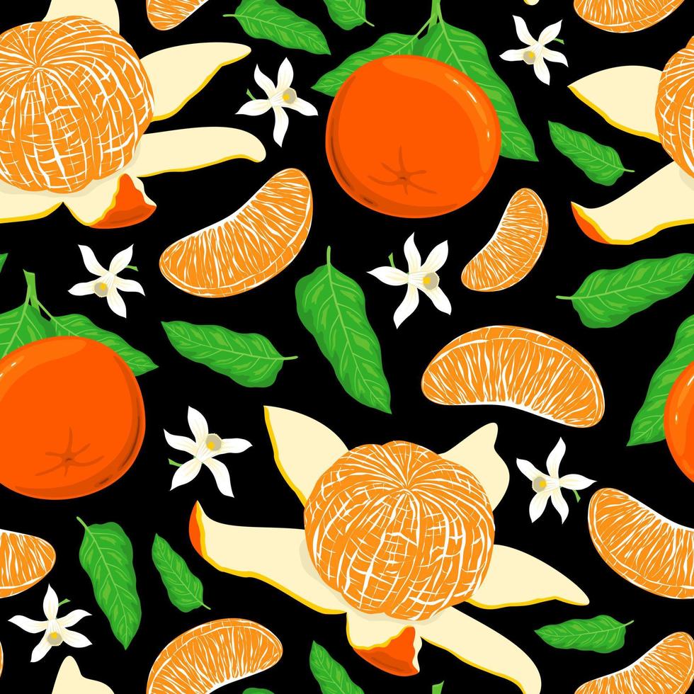 BLACK SEAMLESS VECTOR BACKGROUND WITH BRIGHT RIPE TANGERINES