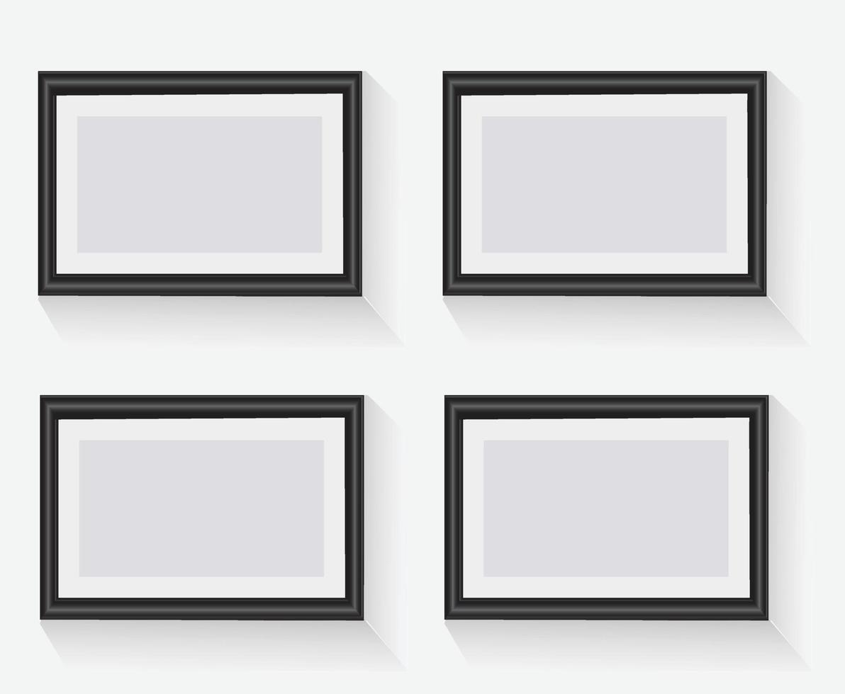 Gallery interior with four empty frames on wall. vector