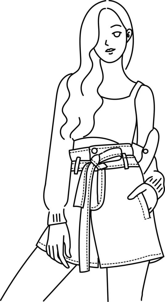 Woman model fashion posture line art hand drawn style vector design illustrations.