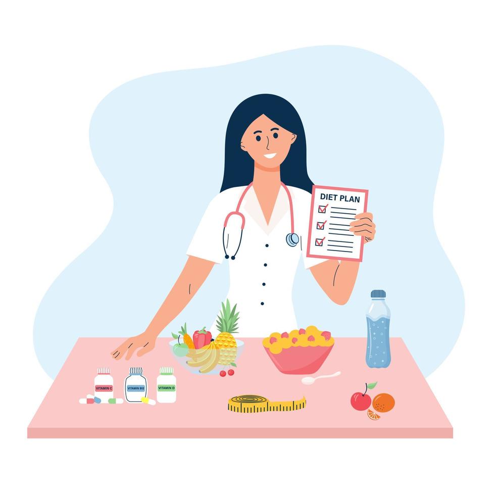 Nutritionist woman with healthy products food and vitamins. Weight loss program and diet plan. vector