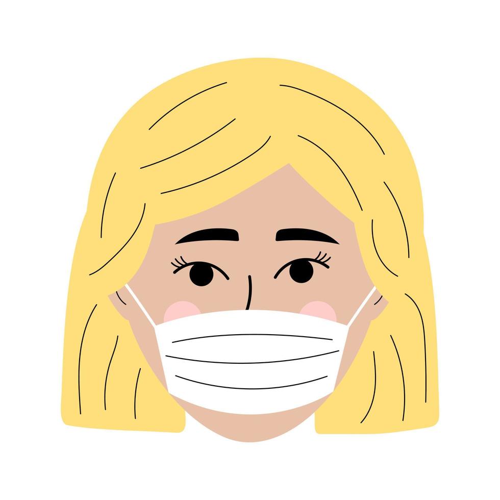 Girl face with medical mask in doodle style. Colorful avatar of blonde-haired woman. vector