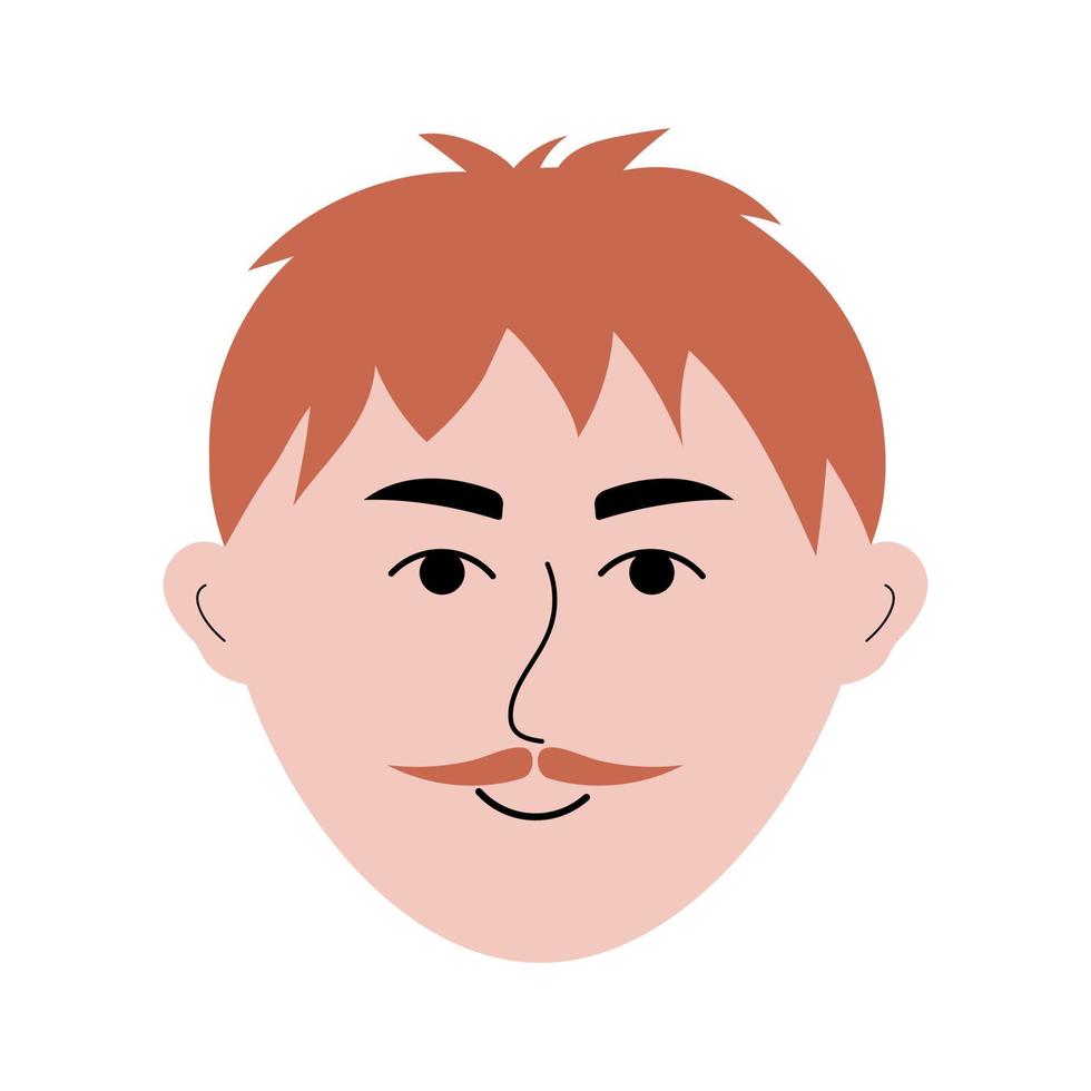 Red-haired man face with mustache in doodle style. Colorful avatar of smiling guy. vector