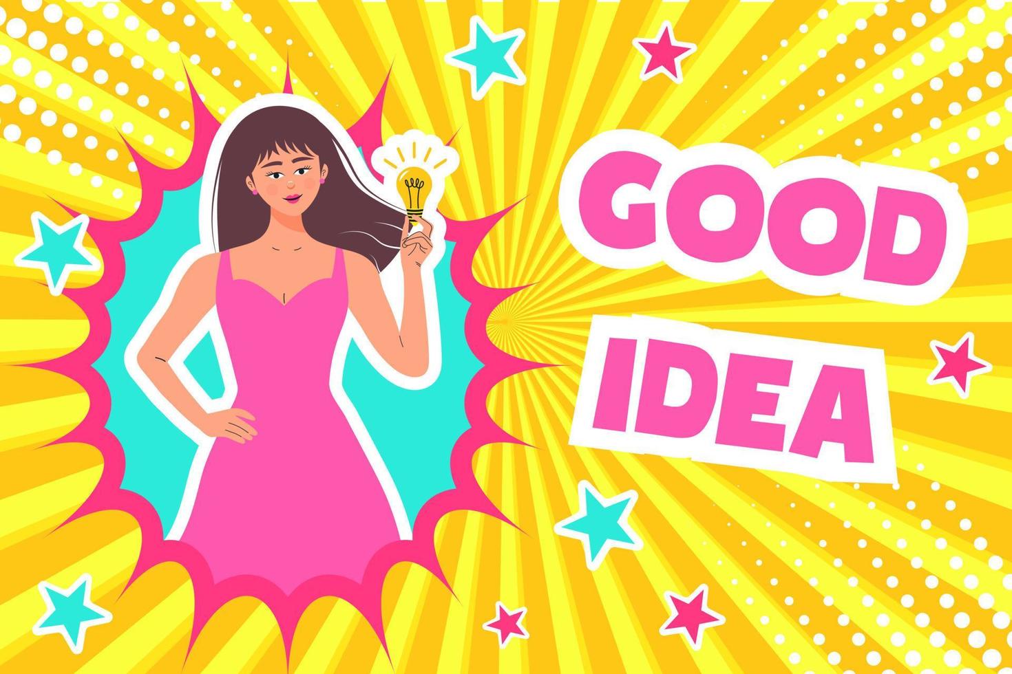 Woman with light bulb find good idea in pop art retro comic style. Solution of the problem. vector