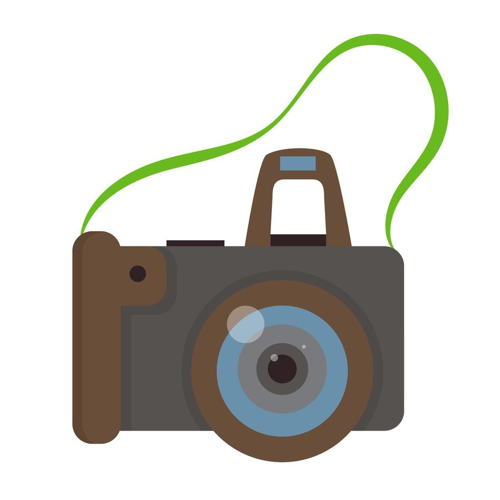 Photo camera with strap. Modern digital device with lens in vintage style. vector