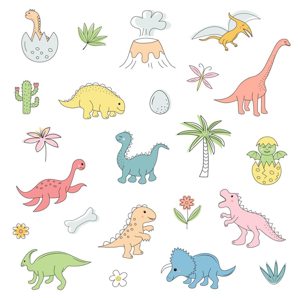 Cute dinosaurs and and prehistoric elements set in doodle style. vector