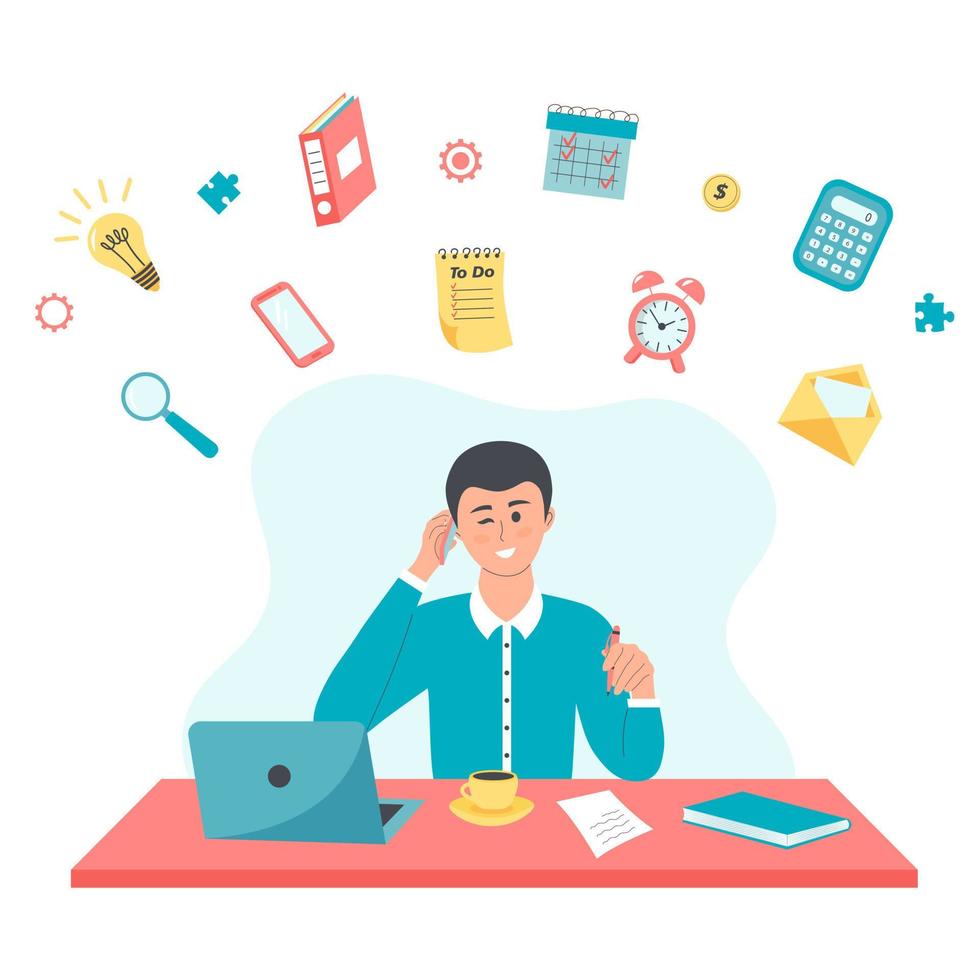 Happy business man with multitasking skills sitting at his laptop with office and talking on phone. Office and buisness icons around him. vector