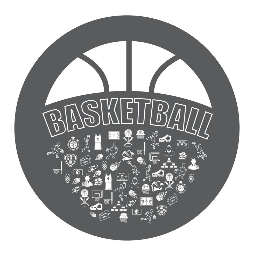 Illustration of  black and white Basketball icons or symbol set.Basketball learning concept. vector