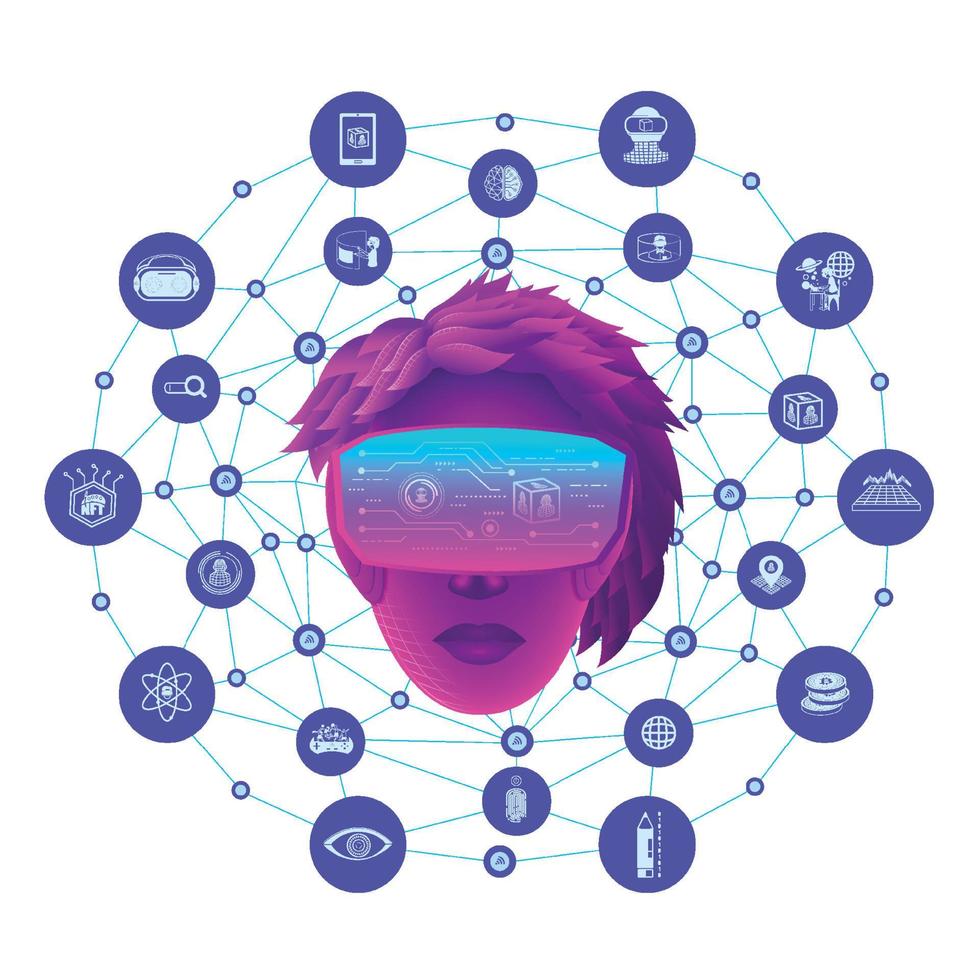 A woman head use VR virtual reality goggle and metaverse icons with line polygon background.Education for metaverse concept vector