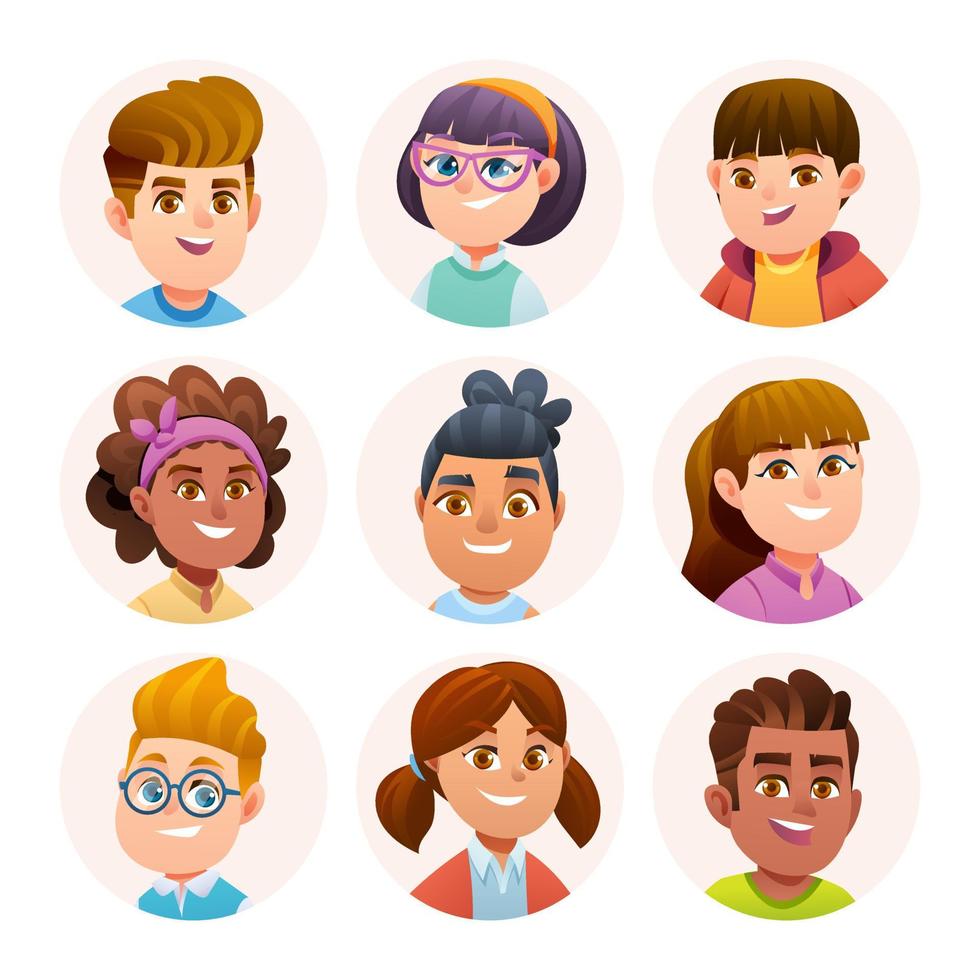 Cute children avatar characters collection. Boy and girl avatars in cartoon style vector