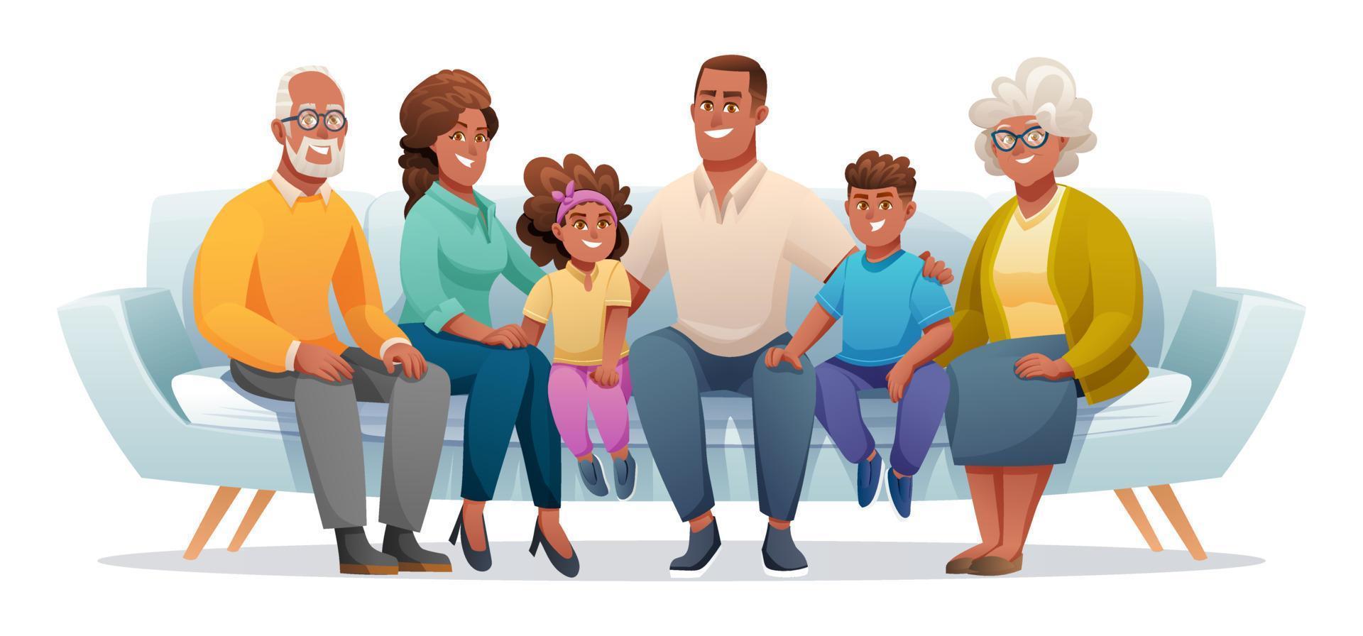 familia feliz sentada en el sofá junto con padre, madre, abuelo, abuela e hijos. ilustración familiar en estilo de dibujos animados vector