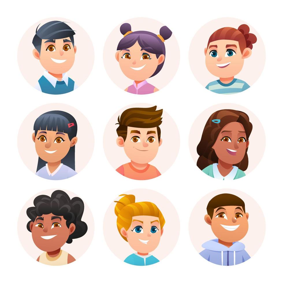 Kids avatar characters collection. Boy and girl avatars in cartoon style vector