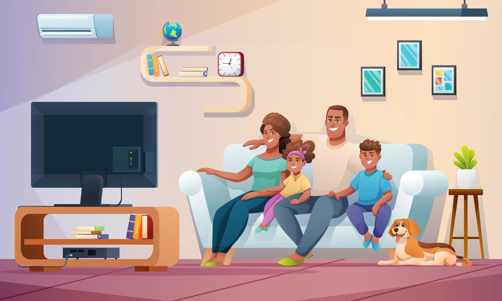 familia feliz viendo la televisión juntos en la sala de estar. ilustración familiar en estilo de dibujos animados vector