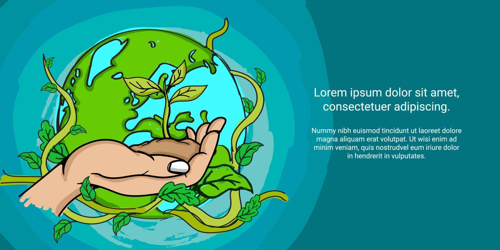 illustration hand holding growing plant with globe background on world environment day vector