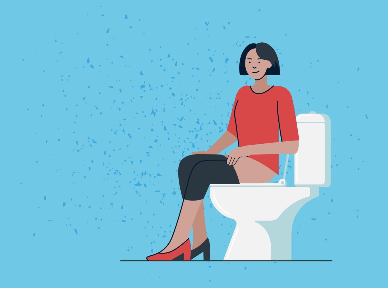 Young woman pissing or pooping in WC. Girl sitting on toilet bowl in lavatory. Beautiful female person spending time in restroom. Vector flat illustration