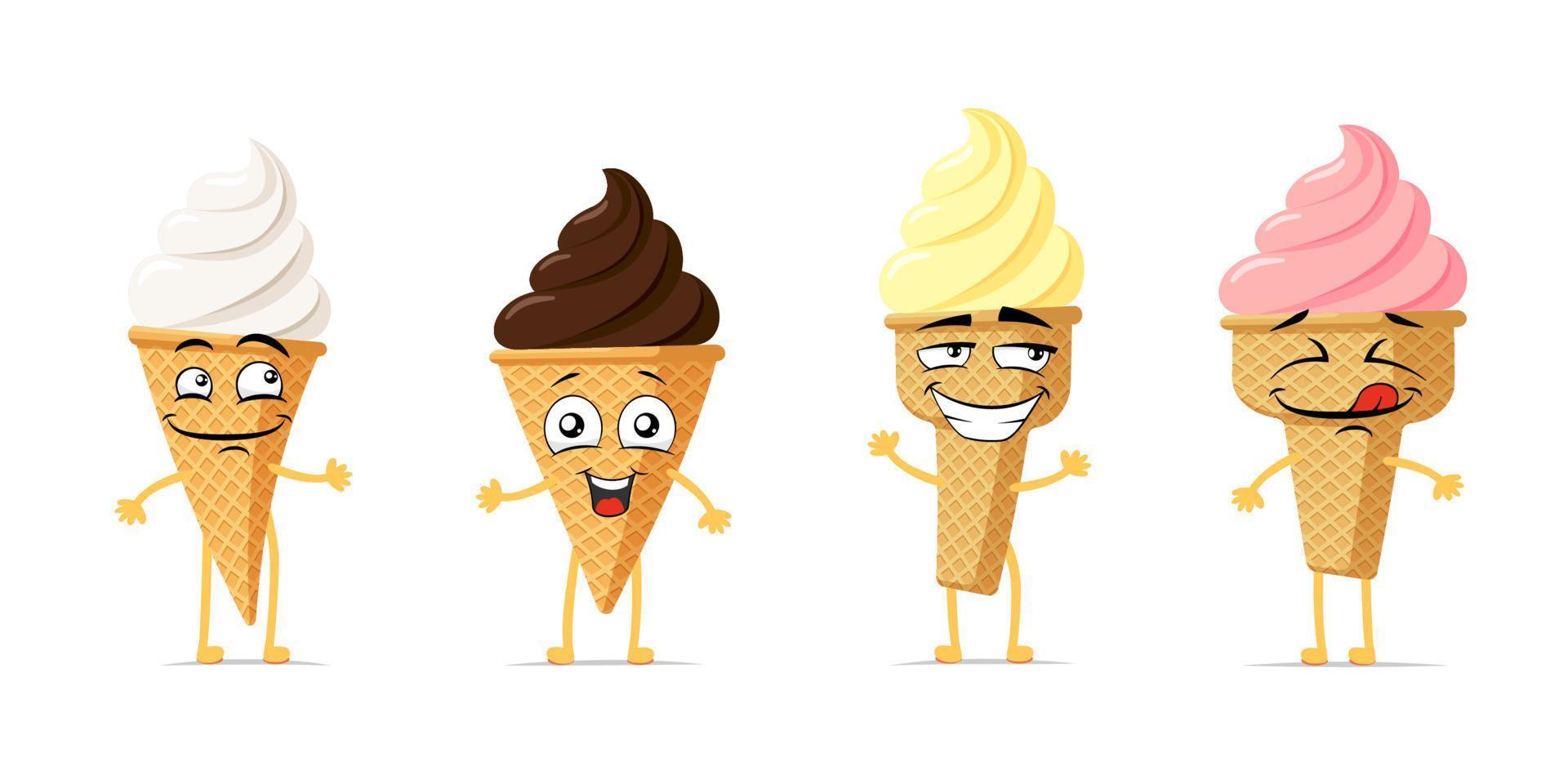 helado en cono de galleta divertido juego de personajes de dibujos animados sonrientes. sundae linda colección de mascotas con expresión de cara feliz. sabor multicolor paleta torcida diferentes emoticonos cómicos vector eps ilustración