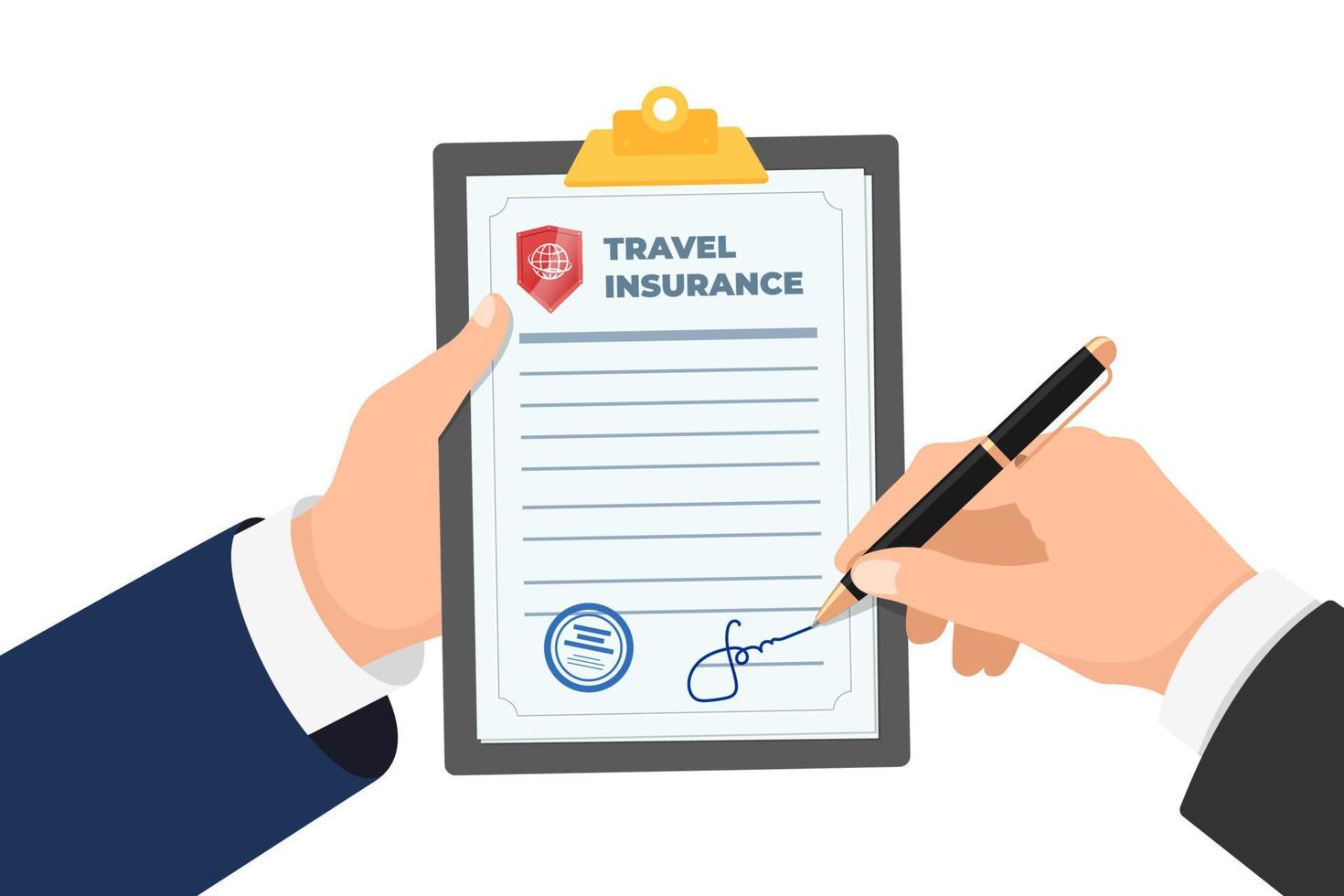 Businessman signing travel insurance policy claim form. Safe traveling signed agreement contract protect tourist life and property. Indemnity document in traveler trip accident. Safety journey. Vector