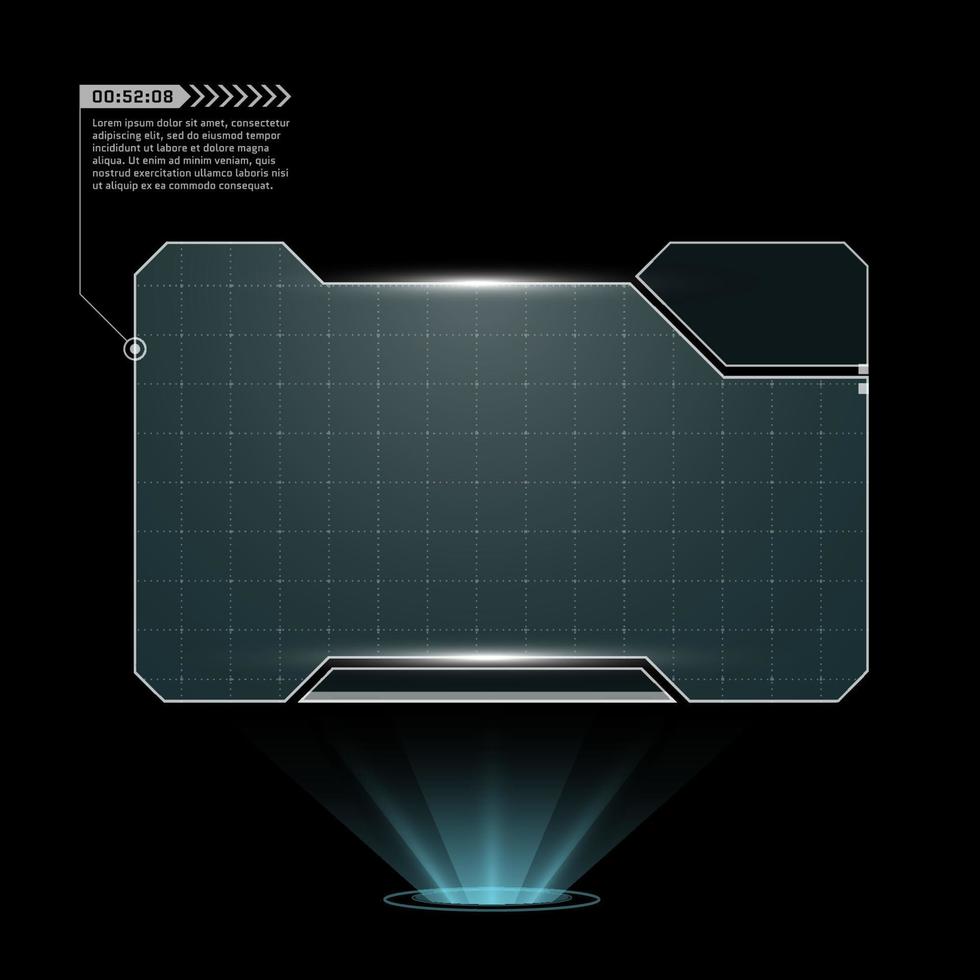 HUD digital futuristic user interface horizontal frame. Sci Fi high tech screen. Cyberpunk game menu touching monitoring hologram dashboard panel. Cyberspace head-up display information vector border